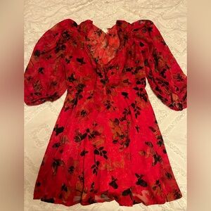 Chic Red Floral Long Sleeve Dress never worn